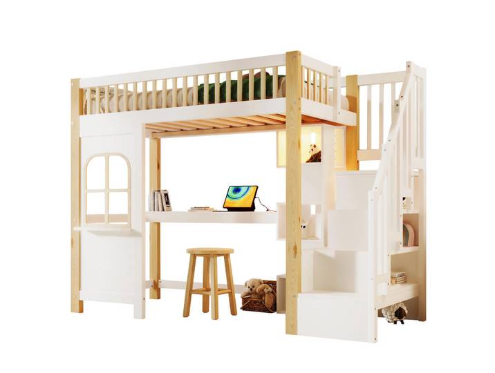 Flieks Hochbett 90x200cm Weiß + Natur LED-Licht Fensterform Schreibtisch, Mehrfarbig, Holz, 90x200 cm, Babymöbel & Kindermöbel, Kinderzimmer & Jugendzimmer, Kinderbetten, Hochbetten