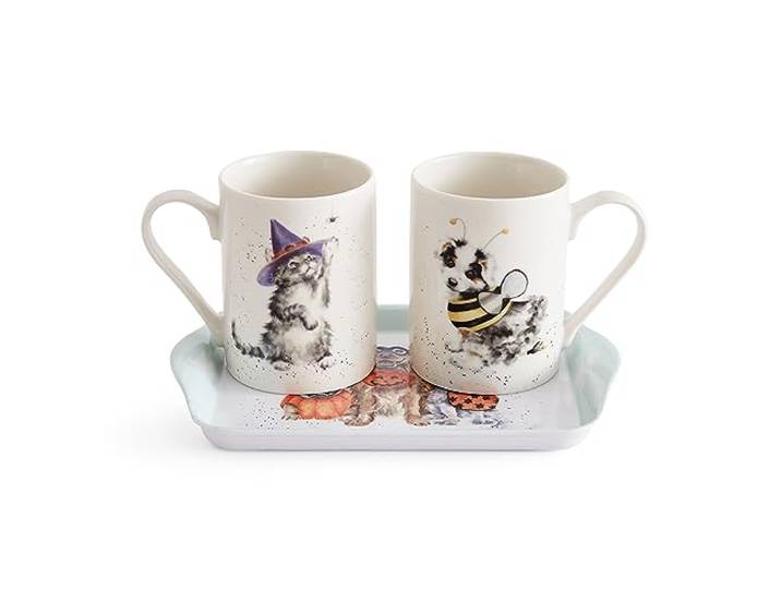 Royal Worcester Wrendale Deigns Halloween kat en hond mok en dienblad set