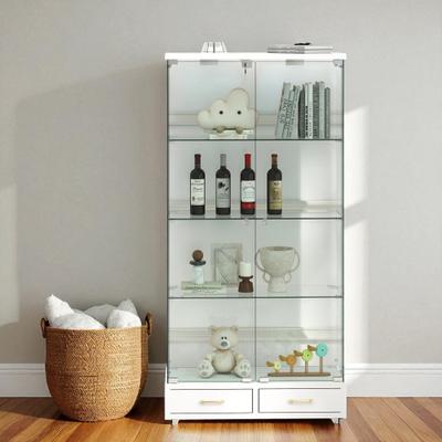 Fundinbaths "65.9"" Modern Glass Display Cabinet with LED Lights, 2 Lockable Drawers & 4 Shelves, Curio Storage Case"