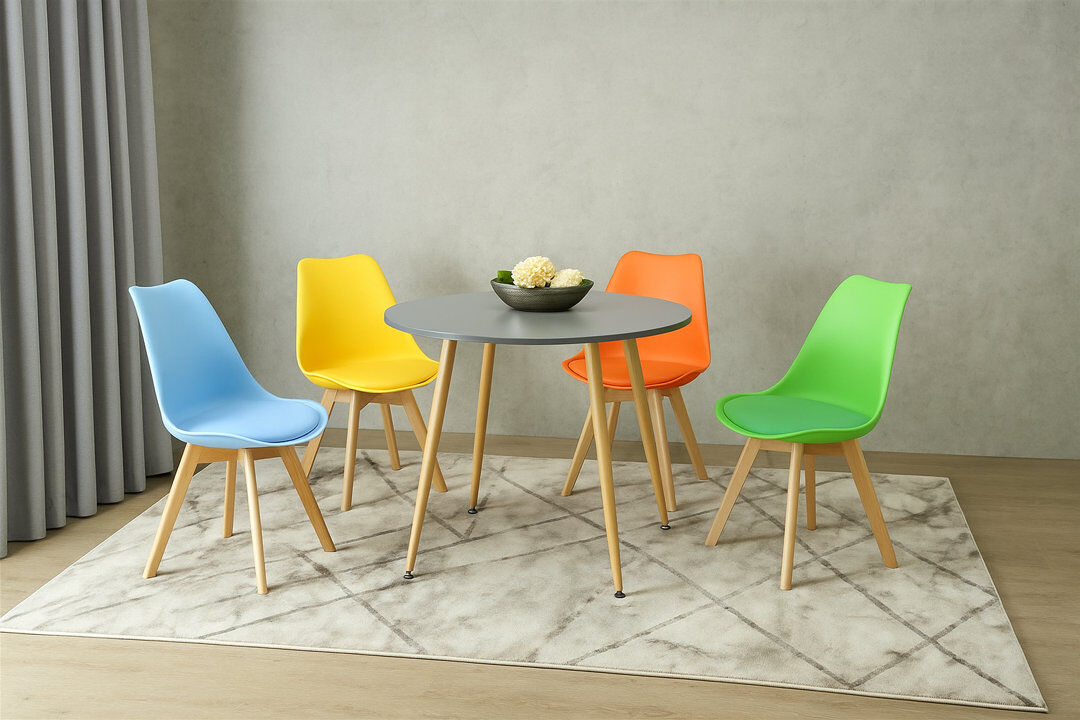 Norden Home Round Grey Dining Table With Set Of 4 Mixed Colour Tulip Chairs Grey 4