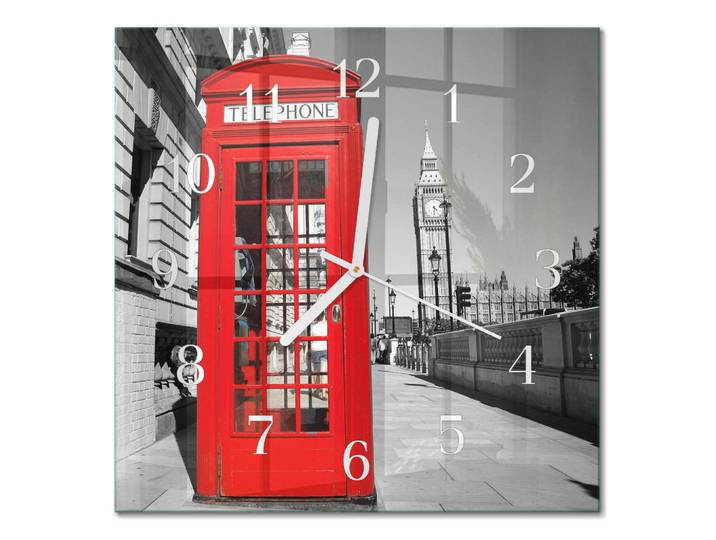 Tulup Wanduhr 30x30 cm - Rote Telefonzelle, Glas, Quadratisch, 30x30x0.4 cm, Dekoration, Uhren, Wanduhren