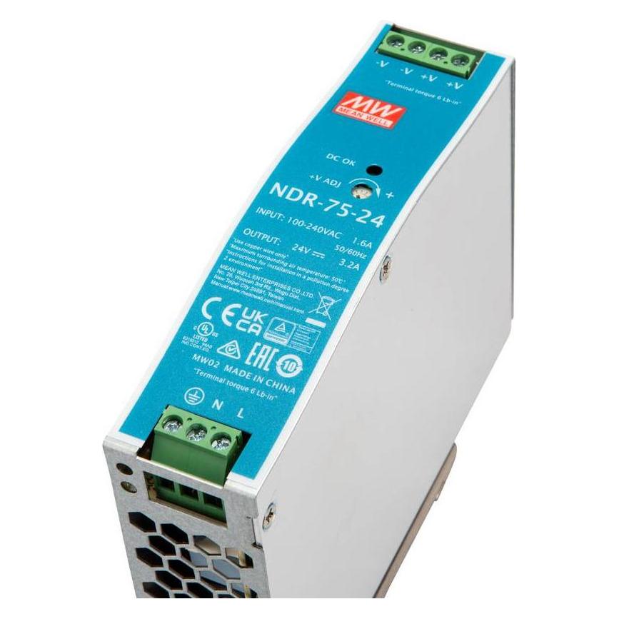 MeanWell AC-DC Single output Industrial DIN rail power supply Output 24Vdc at 3.2A metal case 75W (NDR-75-24)