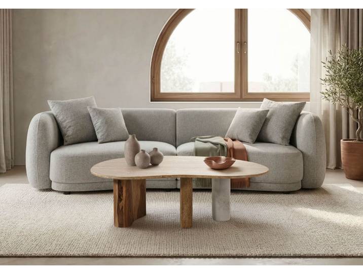 Couchtisch Sheesham 100x65x31 natur sandgestrahlt lackiert / Marmor weiß ORGANIC COLLECTION #31