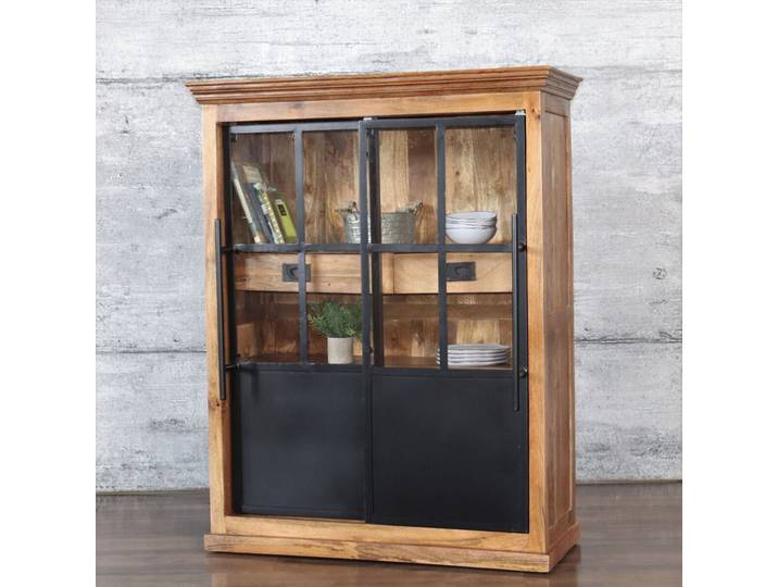 Highboard HOXT Industrial 140x110cm Vitrine massiv Mangoholz & Eisen