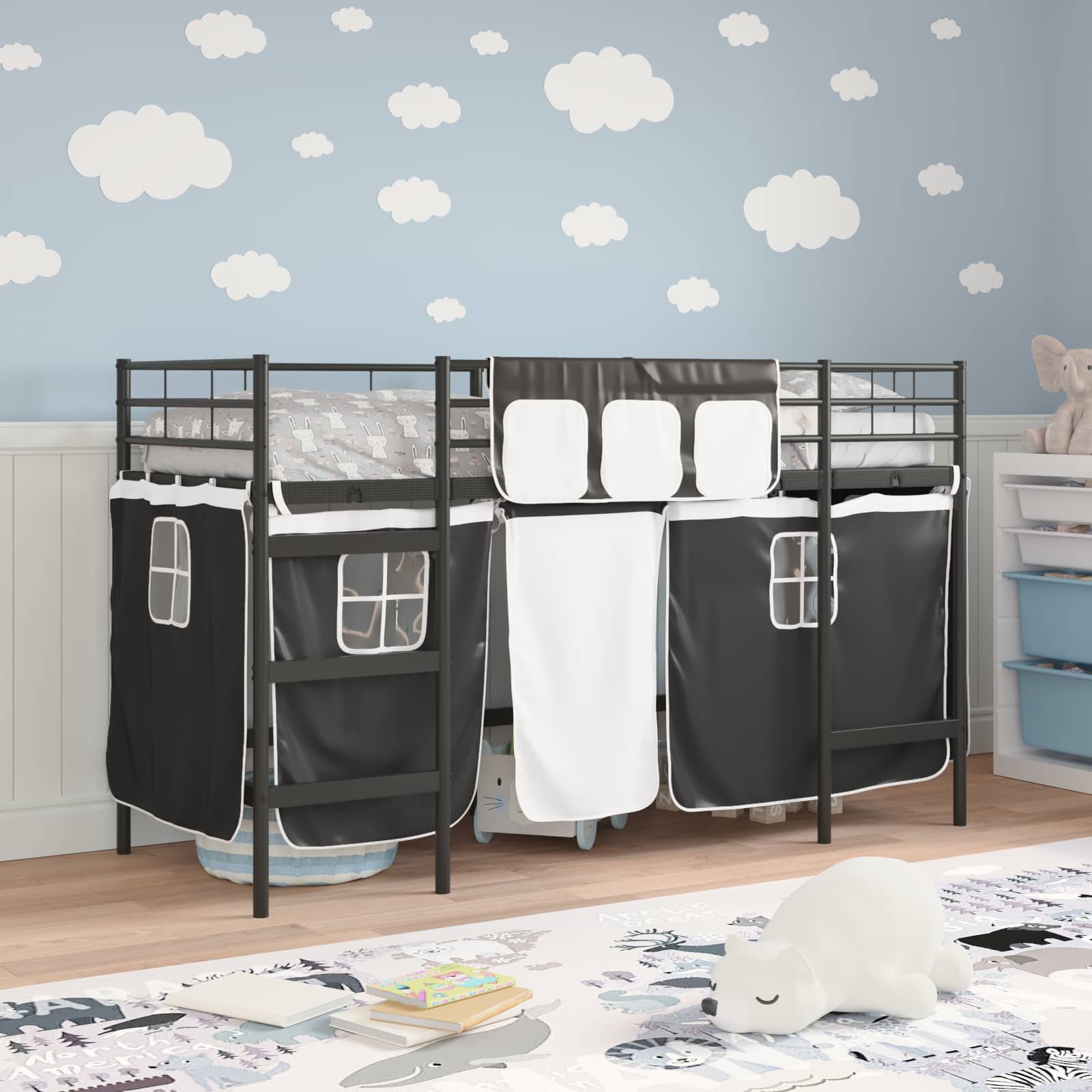 vidaXL Cadre de lit superposé pour enfants avec rideaux Uni Noir