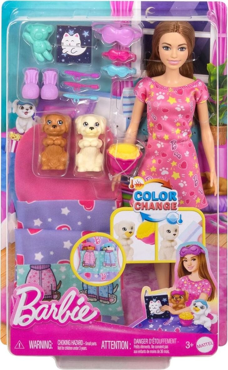 Mattel Barbie Pyjamafeestje Pop en Speelset met Puppy's en Accessoires