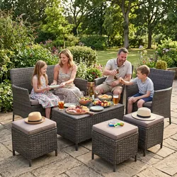 GARMIO® ASTI Rattan Sitzgruppe 6-teilig   Polyrattan Gartenmöbel Set mit 2 Sesseln, 2 Hockern, Bank + Hartglas-Tisch   wetterfest & wasserabweisende Kissen