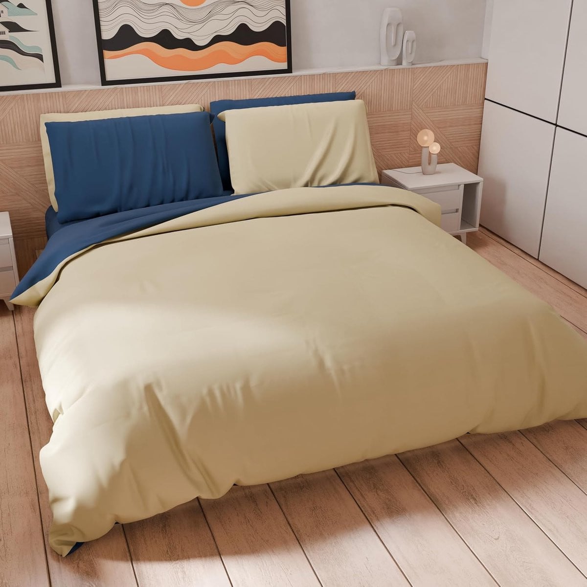 Omkeerbaar tweekleurig dekbedovertrek set in blauw en taupe, 200x200 cm