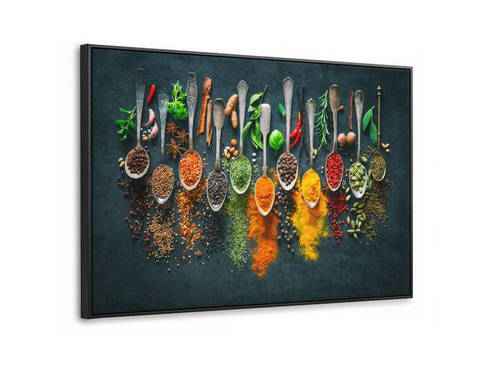 MuchoWow Leinwand Bilder mit Rahmen - Kräuter - Gewürze - Löffel - 140x90, Currygelb, Rechteckig, 140x90 cm, gerahmt, Bilder & Rahmen, Bilder, Leinwandbilder
