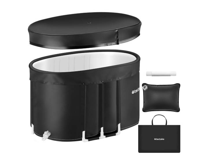 tectake Eisbadewanne Espoo, inkl. Tragetasche und Wasserkissen, schwarz, Schwarz, Kunststoff, Oval, 105x66x70 cm, Badezimmer, Baden & Duschen, Badewannen