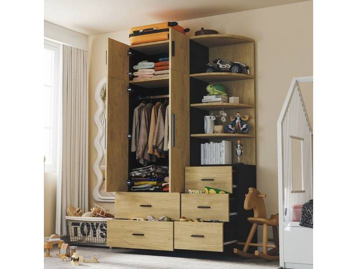 Armoire Chambre avec Tringle à Vêtements et 5 Tiroirs 2 Portes étagères Ouvertes Armoire de Rangement avec Penderie 110x40x186cm