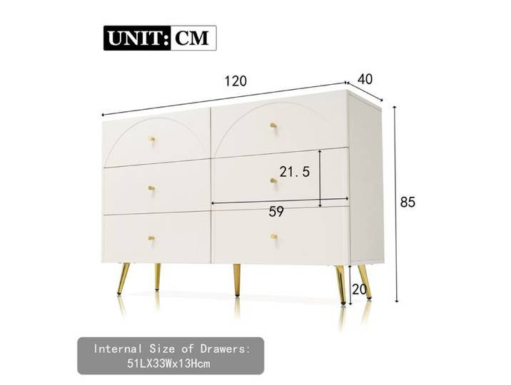 Buffet haut- 85x120x40cm - 6 tiroirs - Piètement métal - Blanc crème