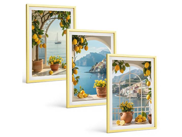 Tulup Bilder SET 3er Set - 40x60 cm Goldrahmen - Zitronenblumen aus der Küstenstadt, Goldfarben, Kunststoff, Rechteckig, 40x60 cm, einfache und schnelle Anbringung, Bilder & Rahmen, Bilder