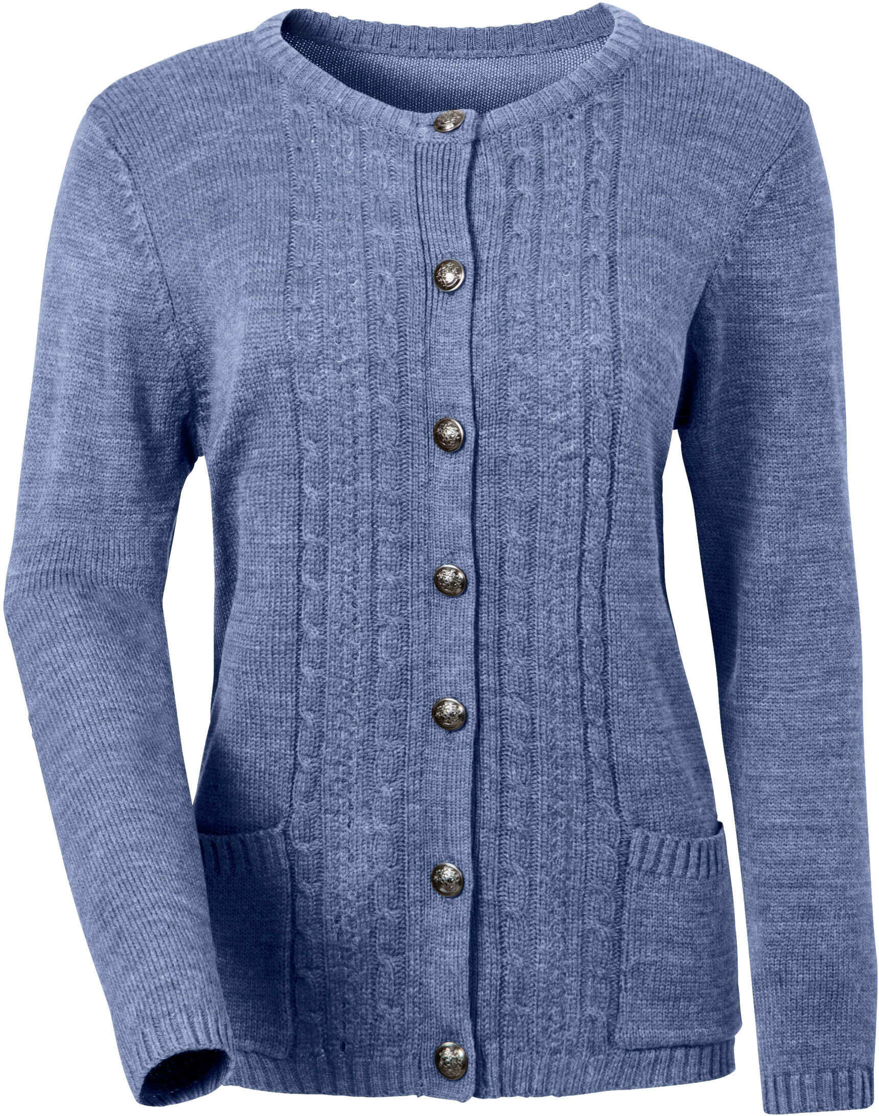 Strickjacke WITT "Strickjacke Strickjacke mit Schmuck-Knöpfen", Damen, Gr. 44, bleu, meliert, Basic, gerade, Rundhals, Strickjacken Strickjacke