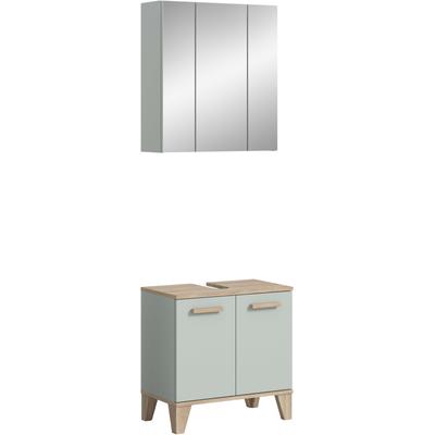 Badmöbel-Set WELLTIME "MINTTU, 2-teilige moderne Badkombination im SCANDI-Look", hellgrün, eiche hell nachbildung, B:60cm H:190cm T:34cm, Kastenmöbel-Sets, Badmöbel-Set, Bad-Kombination, Bad-Möbel, Badezimmer, Kombination, Kombi, Bad-Set