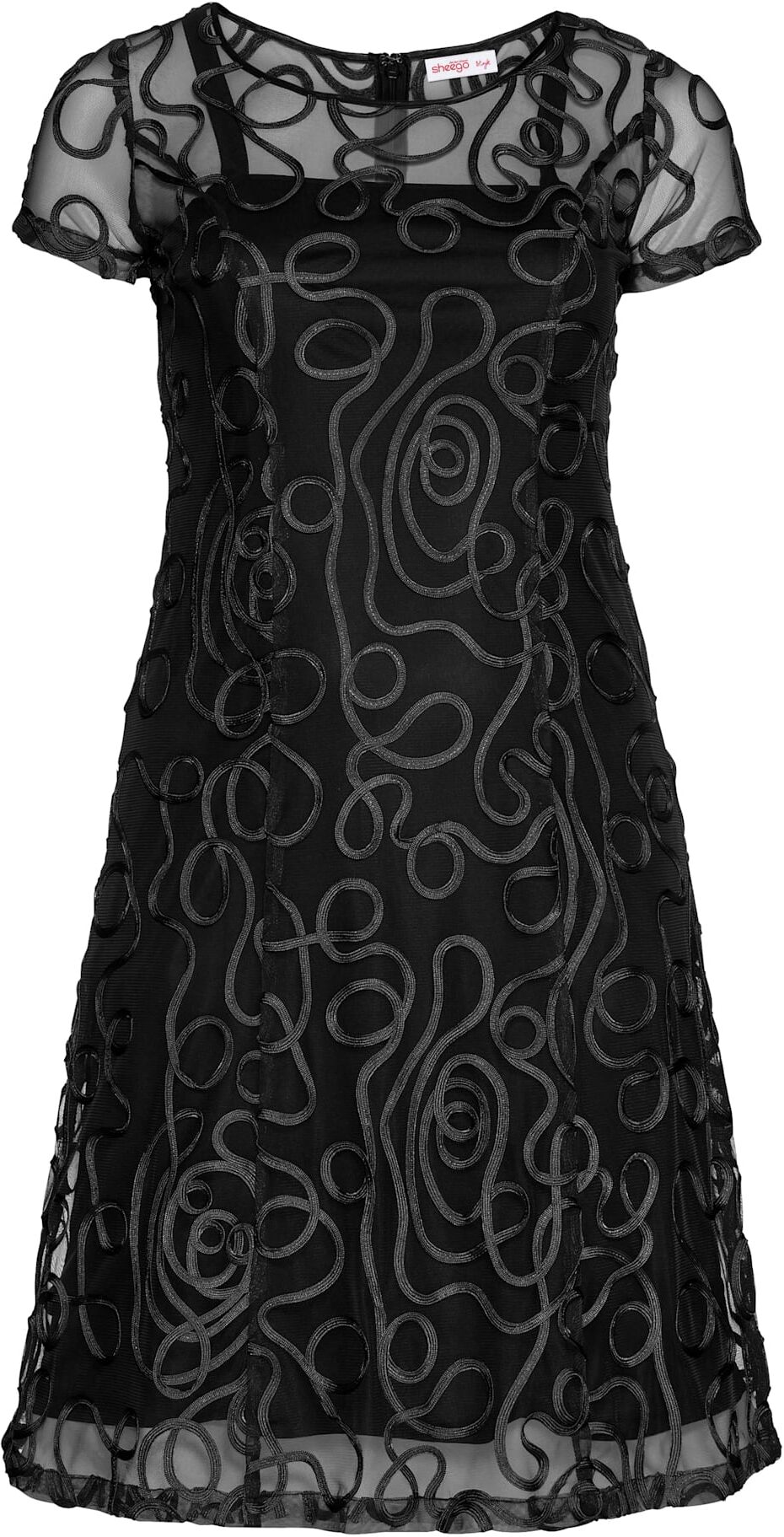 Spitzenkleid SHEEGO "Spitzenkleid", Damen, Gr. 54, Normalgrössen, schwarz, Spitze, 100% Polyamid, unifarben, knielang, Rundhals, Kleider Spitzenkleid schwarz 54, Normalgrössen