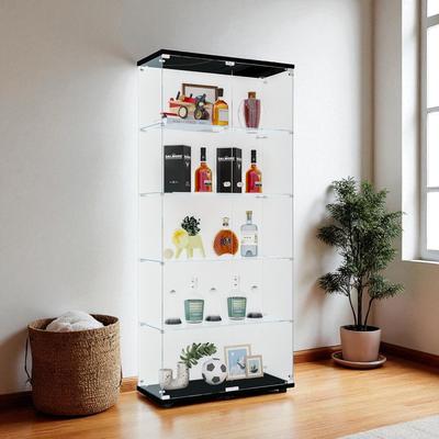 FUNDIN Glass Display Cabinet with Doors & Locks, Acrylic Shelves, Floor Standing Storage Showcase for Home or Office
