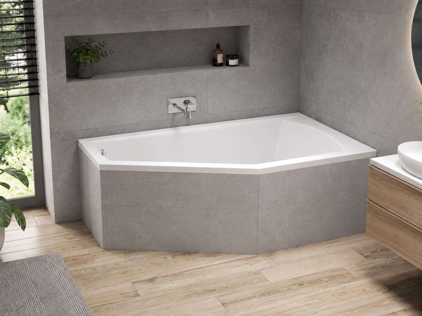 AQUA for you | Badewanne - Polimat Selena - Asymmetrische Badewanne - 160x90 cm - Rechts - Weiß - mit Siphon, Gestell, Acrylwanne