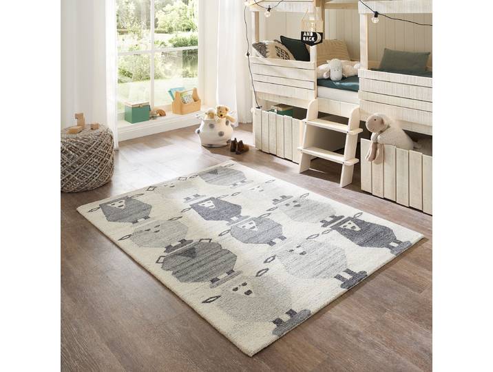 Kinderteppich THEKO Gaia Kids Sheep , grau, B:80cm H:10mm L:150cm, Schurwolle, Teppiche, Kinderteppich, getuftet, reine Schurwolle, Motiv Schafe, Kinderzimmer
