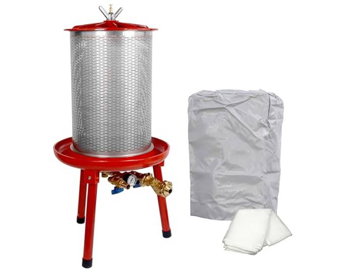 NEUE Serie Fischer FP20H Hydropresse mit zusätzlichem Druckminderer (!): 20L Obstpresse/Apfelpresse, 20 Liter Edelstahl-Presskorb