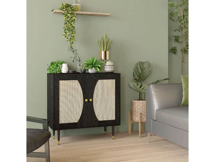 Buffet 2 portes 2 étagères style bohème cannage rotin aspect bois noir
