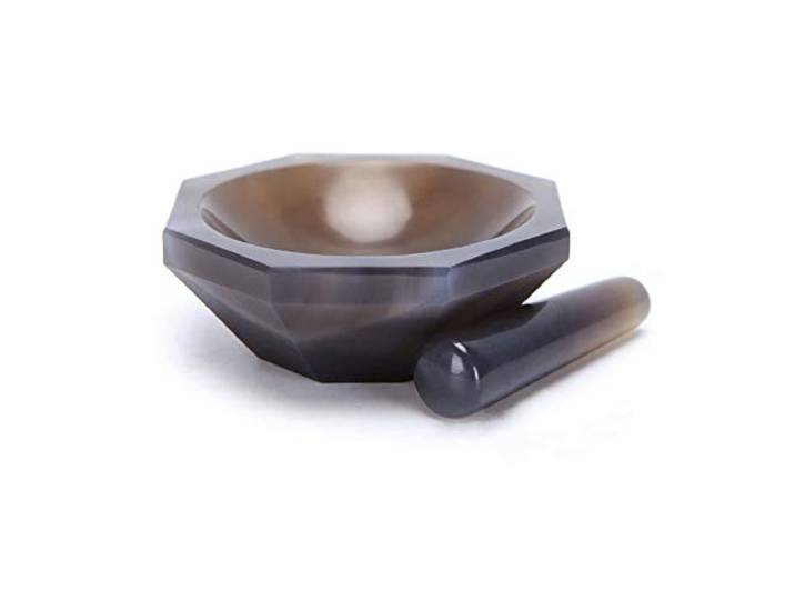 ID: 120 mm hochwertiger natürlicher Achat-Mörser und Stößel für Laborschleifen.