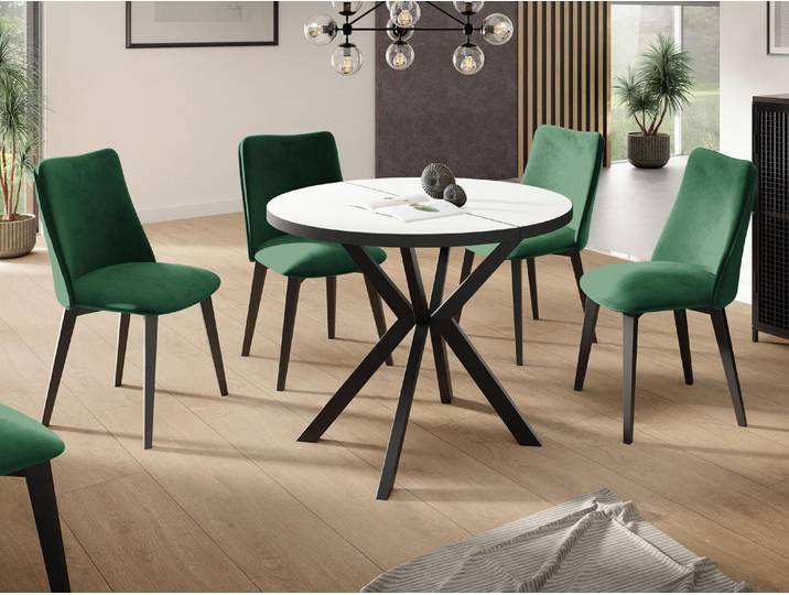 Runder Ausziehbar Tisch für das Esszimmer - Tischrand Schwarzes Nachbildung - 100 oder 120 cm - Ausziehbarer Tisch mit Pulverbeschichteten Schwarzen Metallbeinen - 120 cm - Weiß