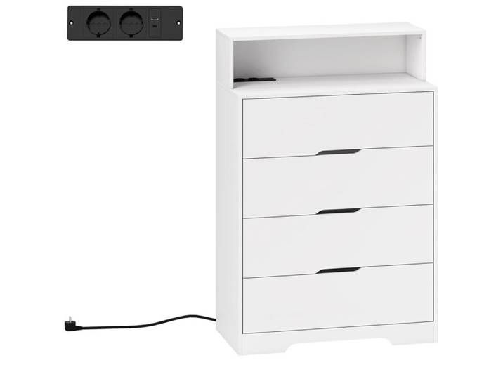 YWJ Commode Chambre 4 Tiroirs Station Charge USB/USB-C Étagère Ouverte 80x40x120cm Blanc