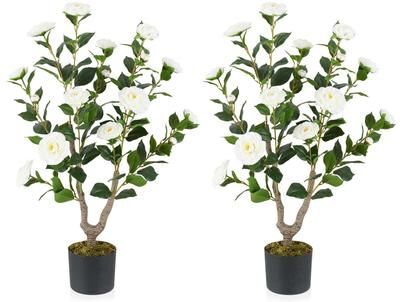 1/2pcs 3Ft Faux Camellia Tree w/ Flowers Small Potted Cement Base
