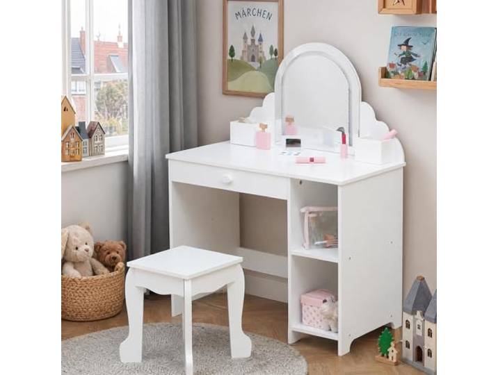 GarveeMore Kinderschminktisch mit Spiegel und Hocker, Robustes Holz Schminktisch für Mädchen mit Beleuchtung & Schublade, Wellenrand Kosmetiktisch Kinderzimmer Möbel 3-9 Jahre, Weiß