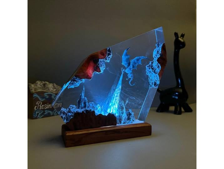 Lampe de Table en résine, château d'assaut de Dragon glacé, lampe de décoration artistique créative, thème Dragon volant, veilleuse, Charge USB