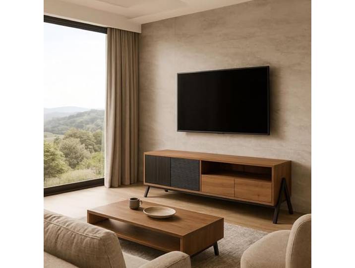 Mendler TV-Rack HWC-O40 MDF Metall Melamin 48x155x40cm - Natur Lowboard, TV-Schrank, 2 Schubladen, Türen, Staufächer