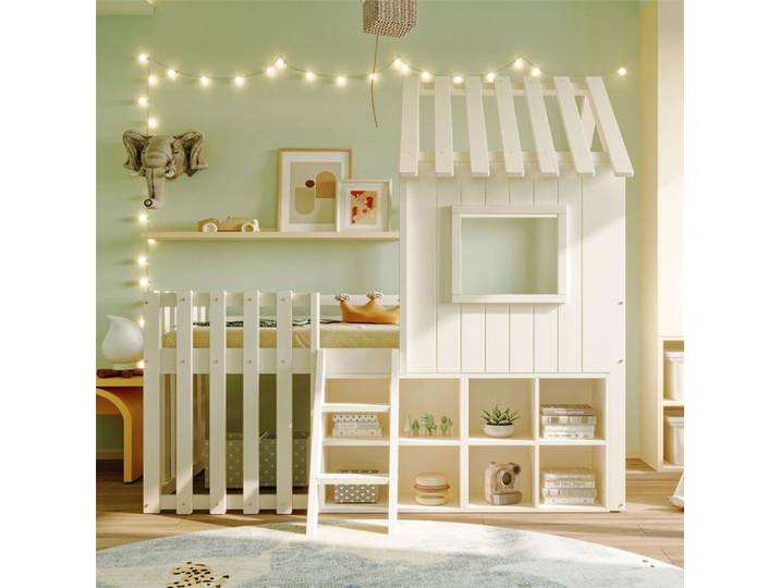 DRIPEX lit mezzanine 90x200cm avec compartiments de rangement ouvert Lit enfant avec barrière de sécurité toit et fenêtre Blanc