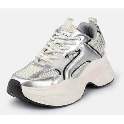 Plateausneaker BUFFALO "Yuno one", Damen, Gr. 38, silber (weiß, schwarz, silberfarben), Lederimitat, Textil, metallic, Schuhe Plateausneaker, Halbschuh, Schnürschuh, Retro-Sneaker mit Memory Foam Innensohle