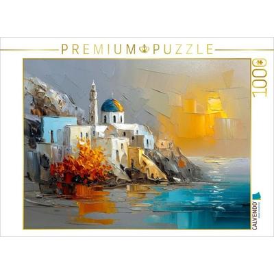 CALVENDO Puzzle Ein Nachmittag in Santorini - das Sonnenlicht streift die weißen Kykladenhäuser auf der Klippe | 1000 Teile Lege-Größe 64x48cm
