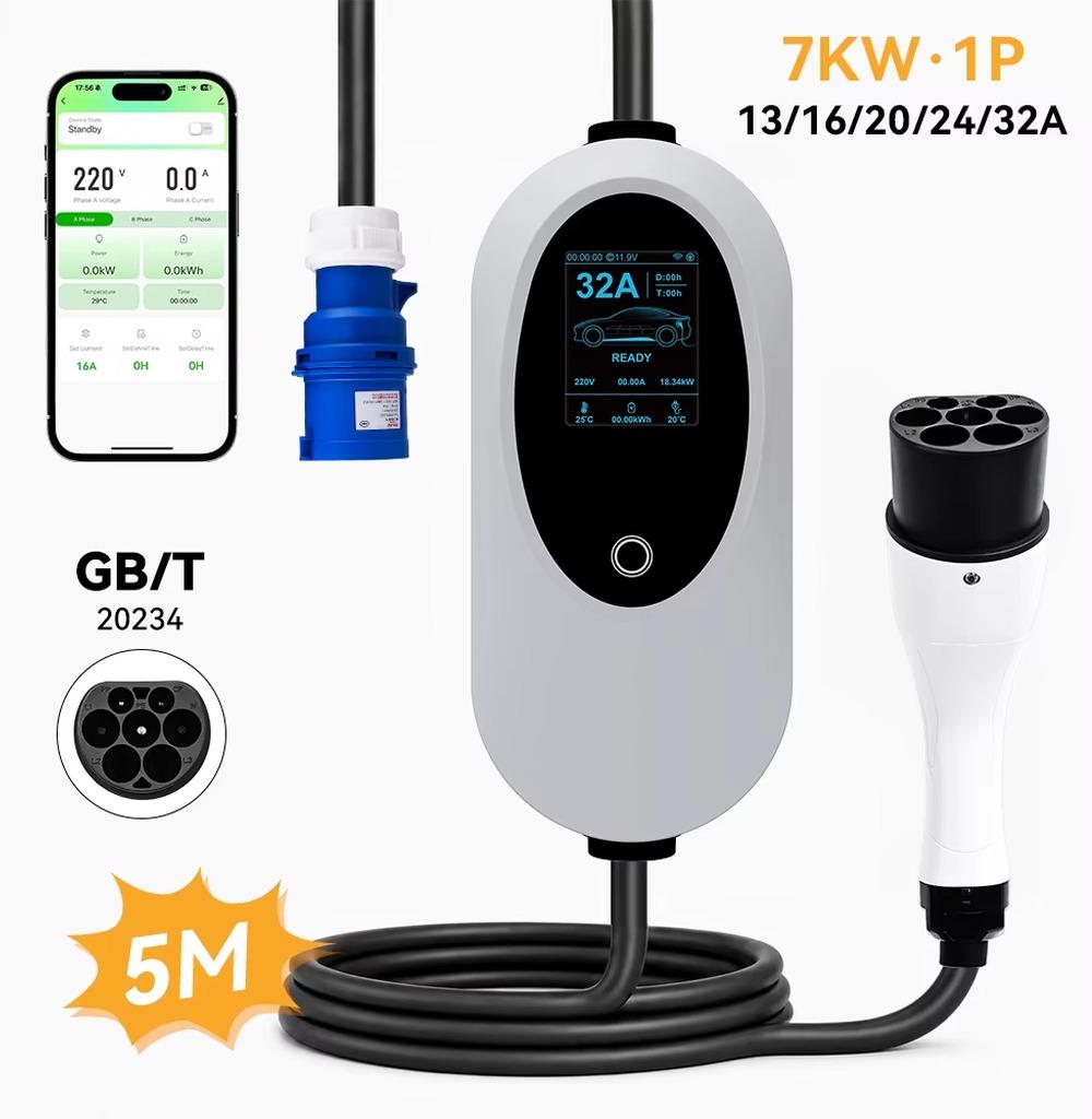 Tragbares Elektroauto-Ladegerät - GBT EVSE - 7 kW - 32 A - Einphasig - 5-m-Kabel - WLAN-App-Steuerung - LCD-Anzeige