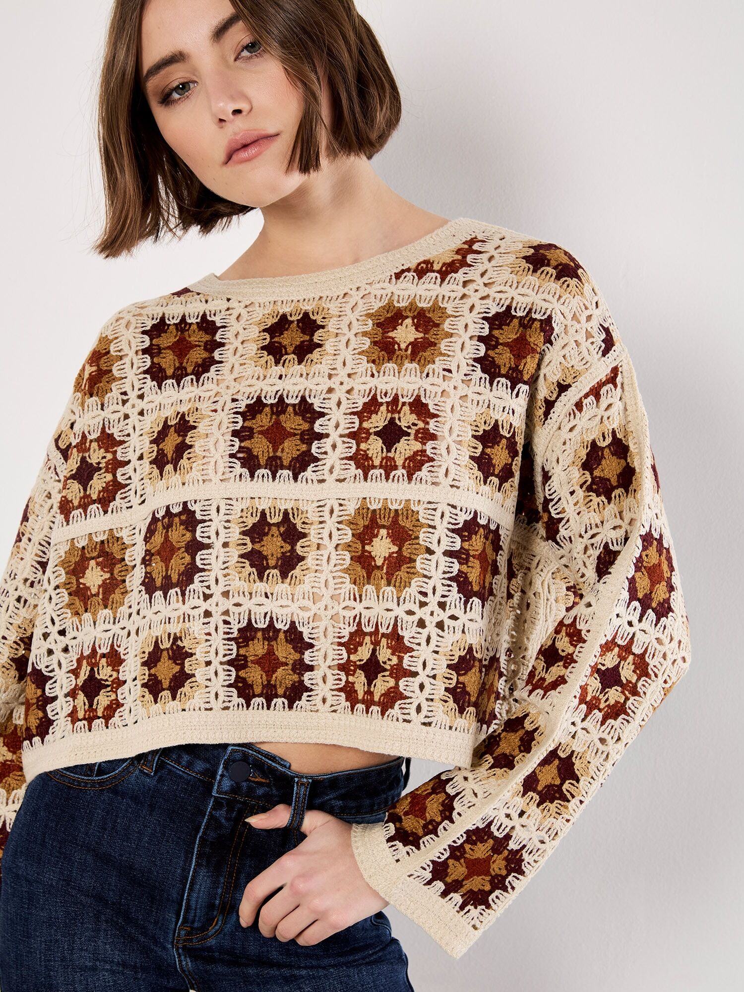 Strickpullover APRICOT "Häkelpullover", Damen, Gr. S (36), rot (burgund), gehäkelt, Obermaterial: 100% Polyacryl PAN., gemustert, kurz, Rundhals, Gerade, Pullover Strickpullover, mit quadratischem Muster