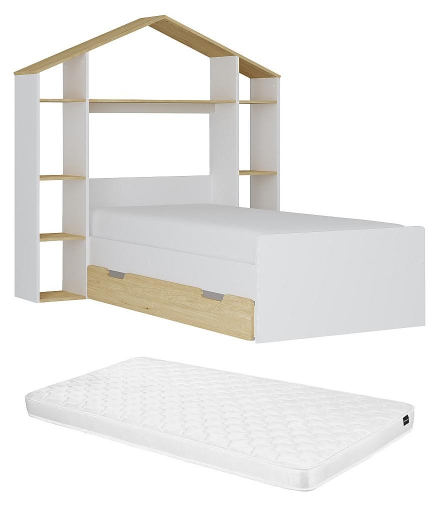 Hausbett + Matratze - 90 x 190 cm - Weiß & Holzfarben - JERACO