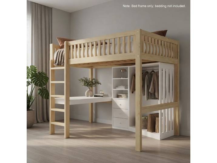 CollaHausse Lit Mezzanine Bois 140x200cm Bureau Armoire 3 Tiroirs Naturel