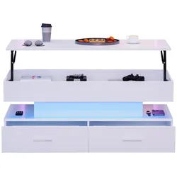 Höhenverstellbarer Couchtisch mit LED-Beleuchtung, Musiksteuerung, Stauraum, 2 Schubladen, Weiß, 100x50x44 cm, Modernes Design