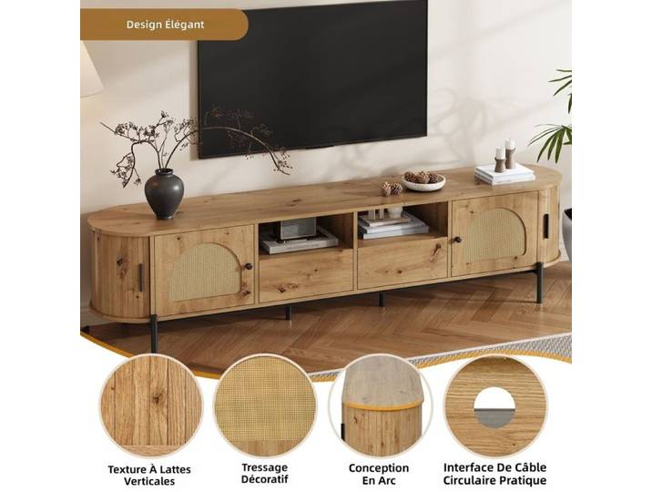 Meuble TV ovale en bois avec portes coulissantes en rotin et tiroirs