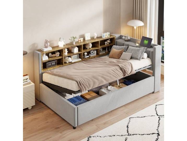 Lit capitonné - PAGE Living - 90x200 cm - Tête de lit multifonction (veilleuse USB‑C) - Rangement hydraulique