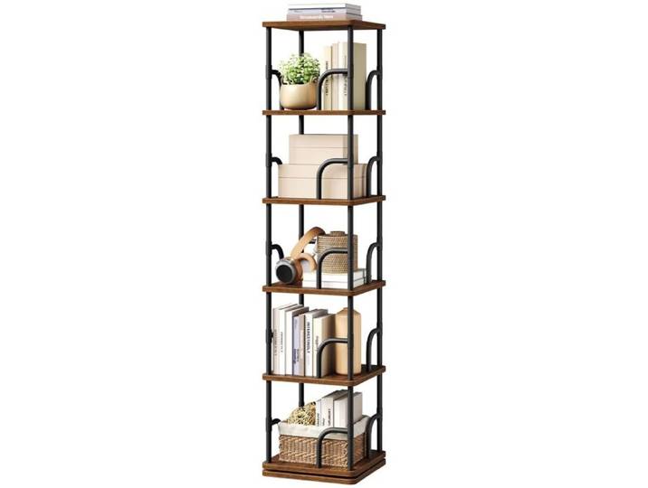 Bibliothèque rotative à 5 niveaux - WOLTU - 30x30x136 cm - 4 bords relevés par niveau - Marron Rustique + Noir
