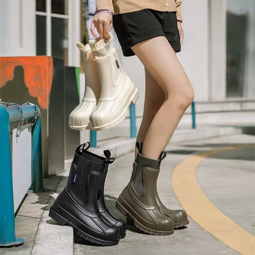 INF Englischer Stil Damen Wasserdichte Regenstiefel aus PVC mit elastischem Strickbund, modische kurze Gummistiefel, kompatibel Schwarz 36