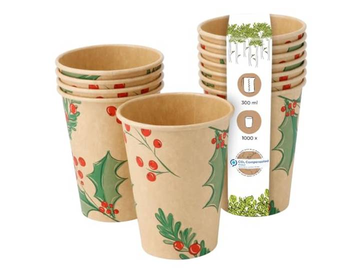 BIOZOYG 1000 Stück braune Kaffeebecher Pappbecher Wintermotiv 'Zweige' 300ml / 12 oz - umweltfreundlich recycelbar & ungebleicht - Kaffeebecher to go