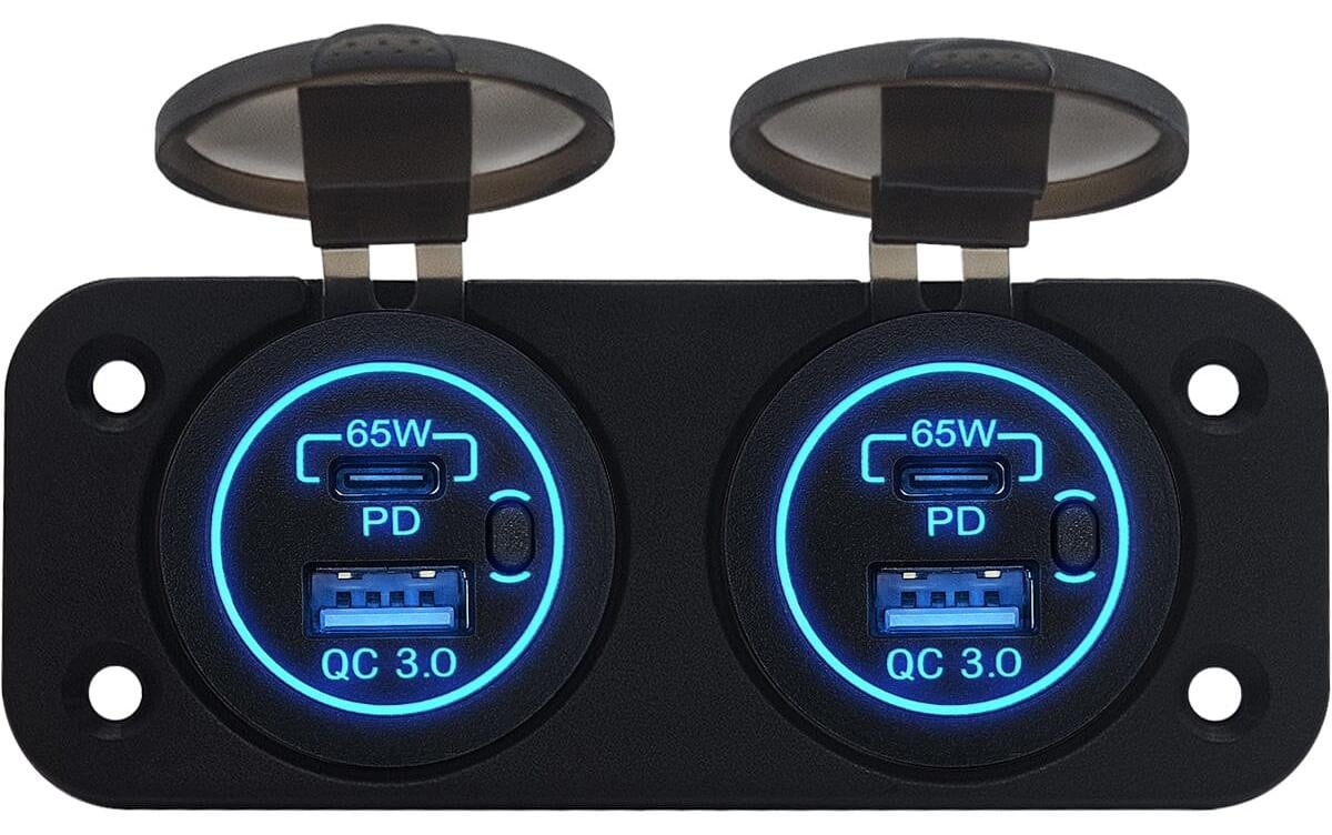 ProRide USB-A/USB-C Autolader met 4 poorten, QC3.0, 130W, Tweevoudig inbouw, 12V, Blauw