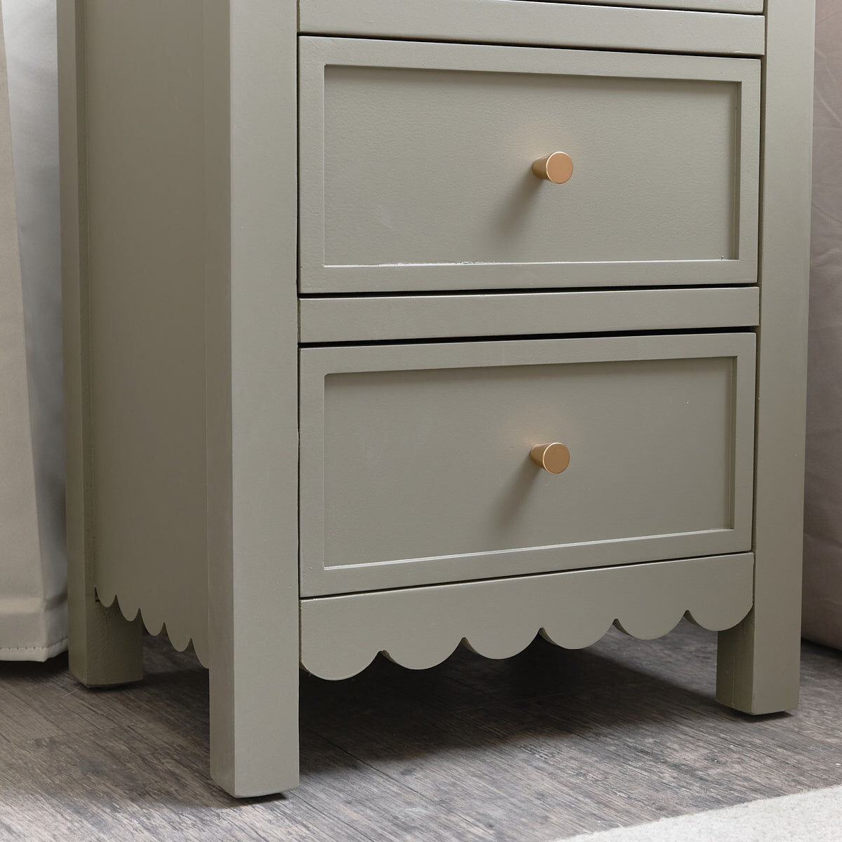 3 Drawer Scalloped Bedside Table - Staunton Taupe Range Wood, Metal