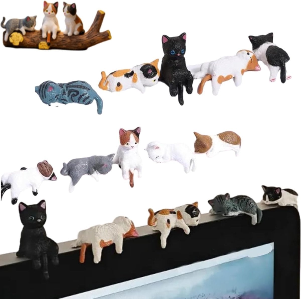 Set van 10 meerkleurige katten beeldjes voor decoratie op tafel