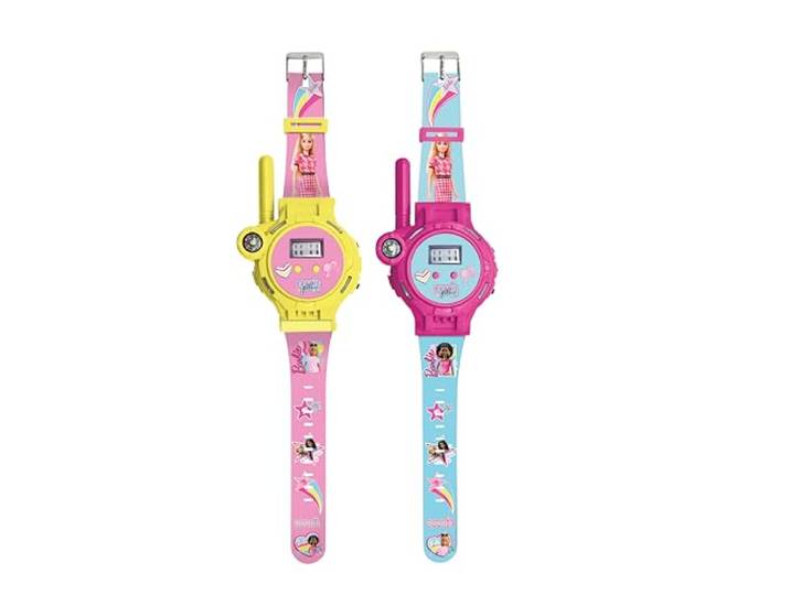 Lexibook, Barbie Walkie-Talkie Horloges, 2 stuks, bereik tot 200m, zaklamp, kompas, oplaadbaar, Roze/geel en Roze/blauw, DMWTW1BB