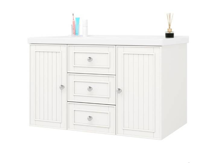 Meuble sous vasque mural blanc avec vasque en céramique 2 portes et 3 tiroirs MDF